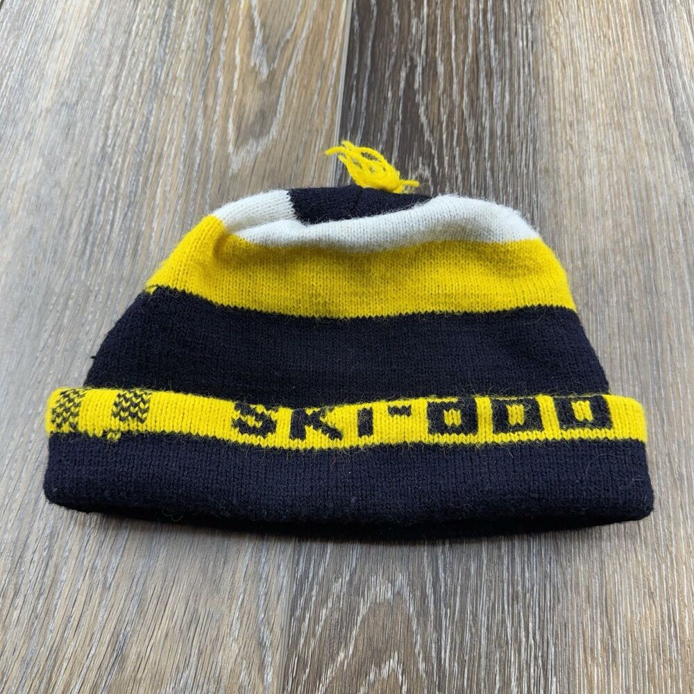 Vintage Ski Doo Snowmobile Knit Beanie Hat Mens 70s 80s Black Yellow Racing Team